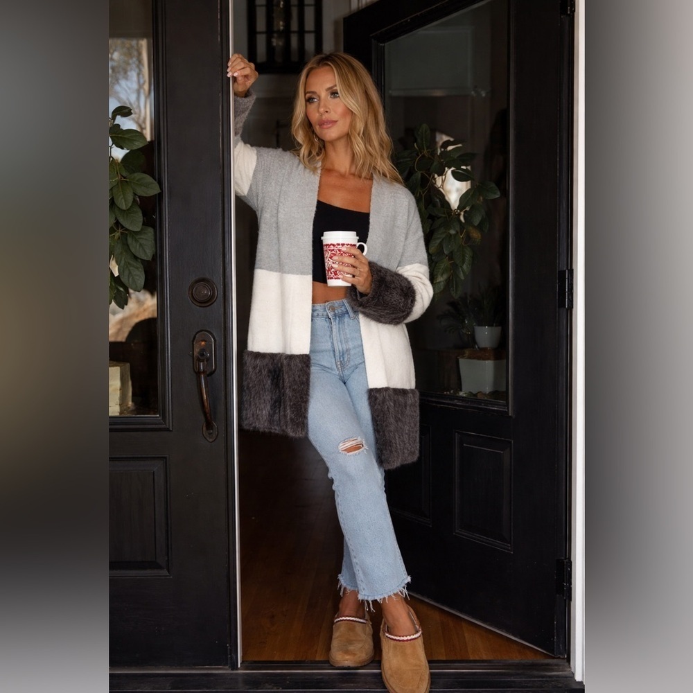 Mango Cardigan Sweater Faux Fur Sleeves XS